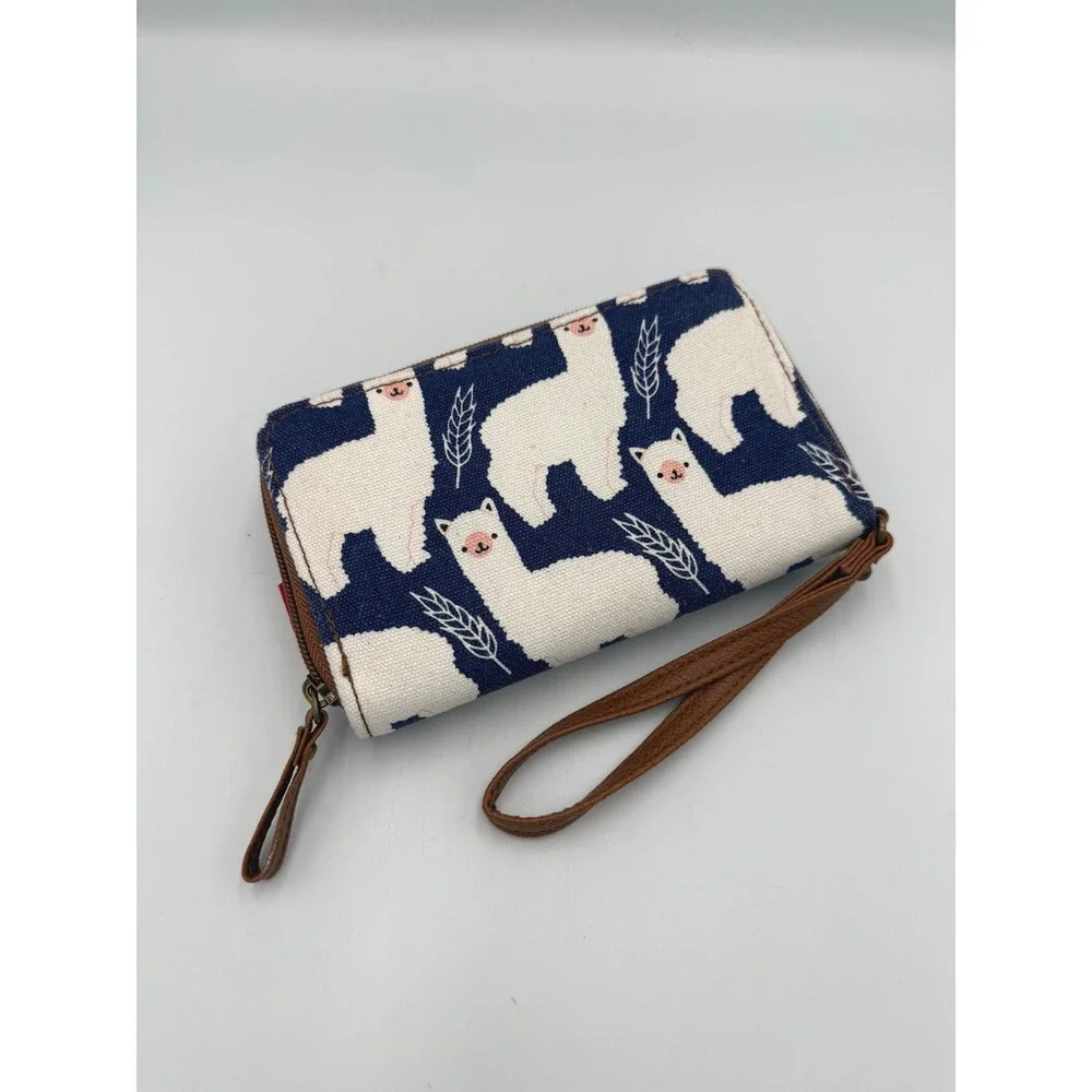 New! Unionbay Wristlet Wallet Llama Alpaca Canvas Navy Blue Brown Turn Lock